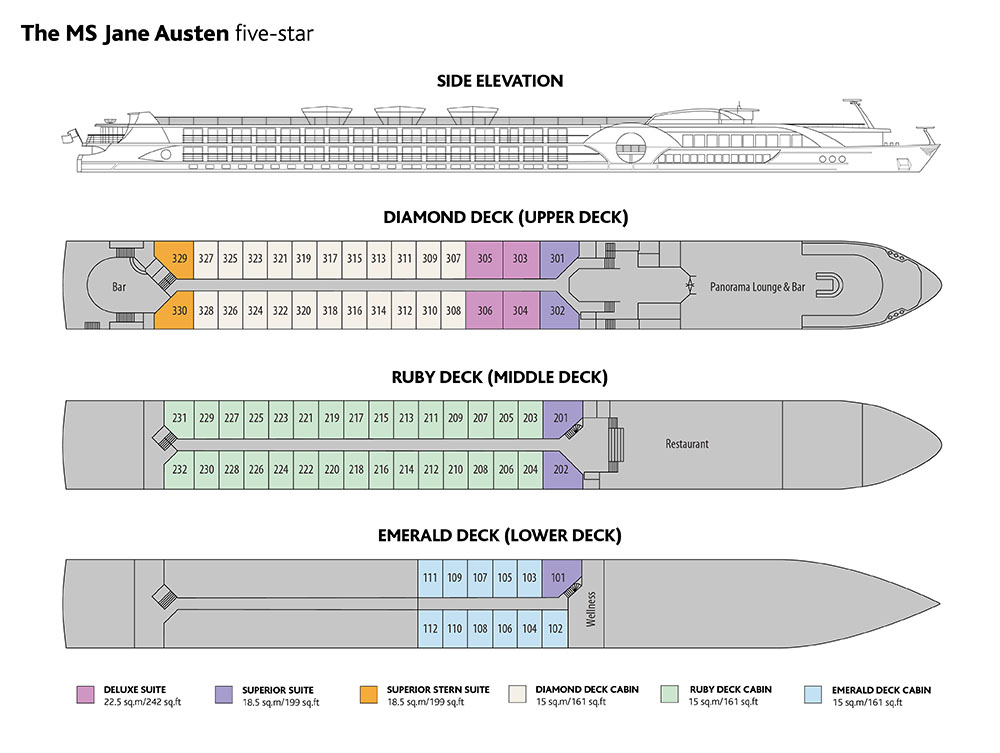 Full deck plan of the MS Jane Austen ship