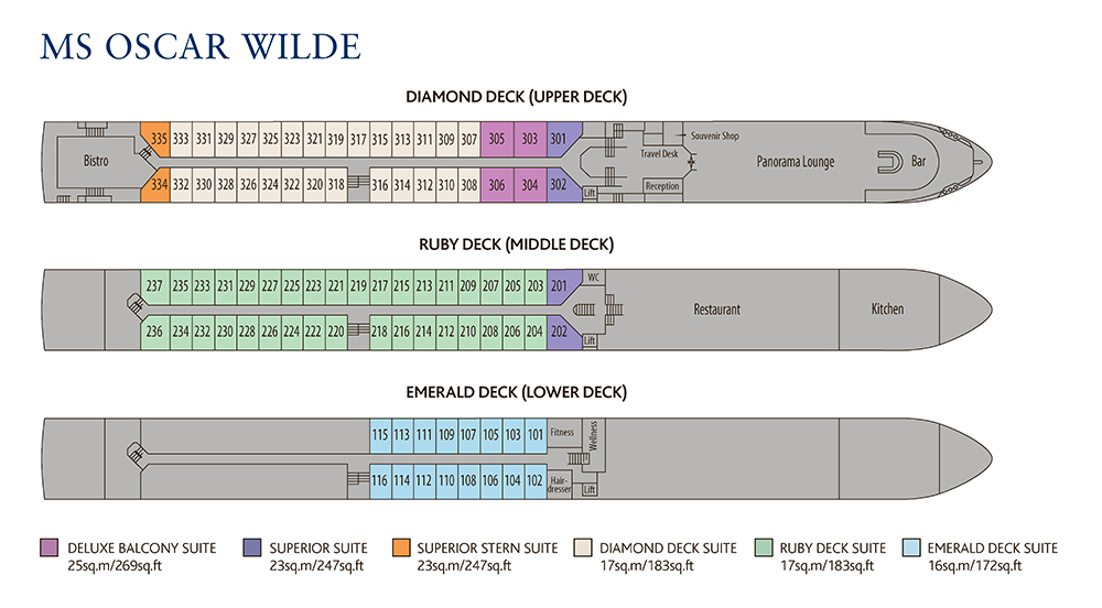 A map depicting the deck plan fo the MS Oscar Wilde, river cruise ship