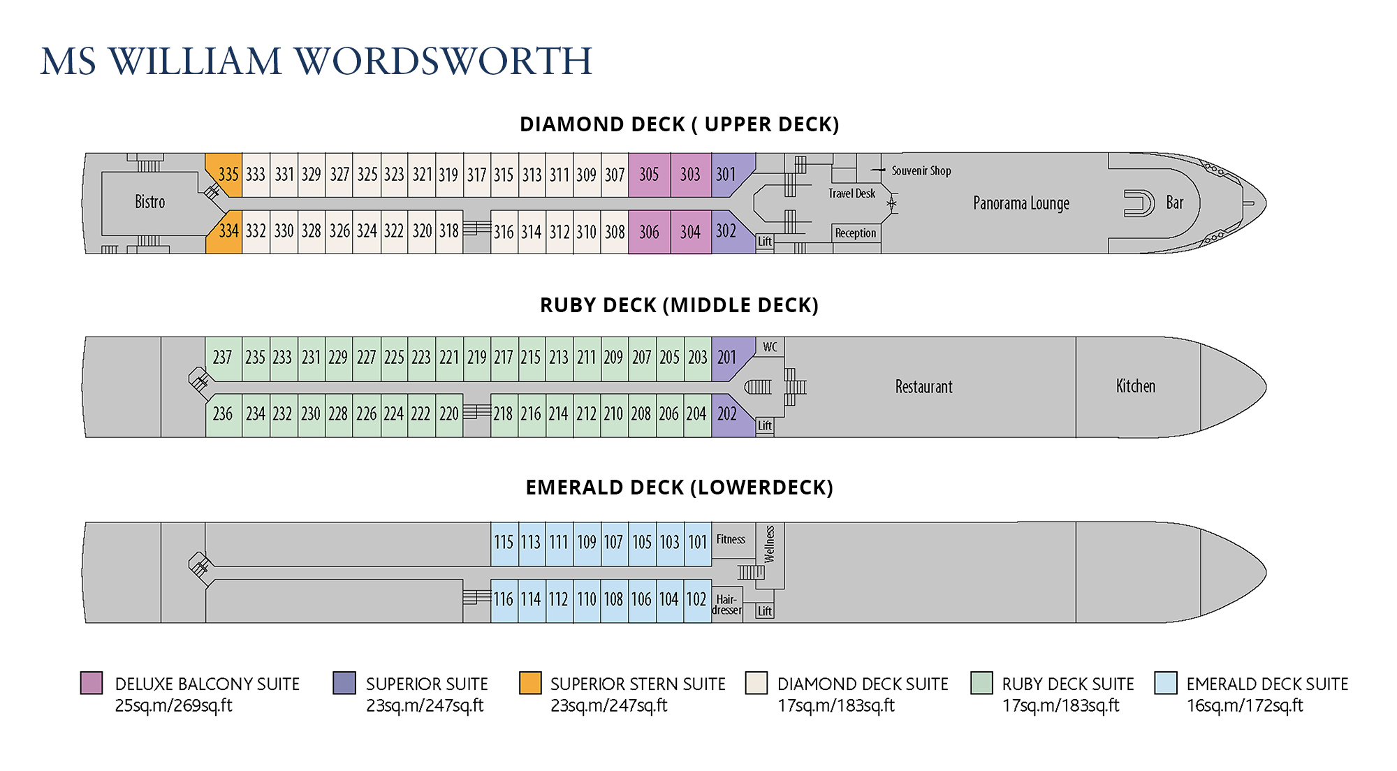 Full deck plan of the MS William Wordsworth ship