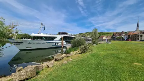 View of the Jane Austen cruise ship from shore at Les Andelys, France.