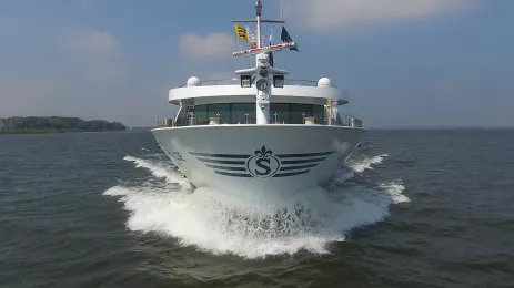 External front shot of the nose of the Oscar Wilde cruise ship