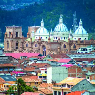 Colourful blue roofs on a cathedral in the town of Cuenca