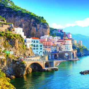 Morning view of Amalfi cityscape on coast line of the Mediterranean sea, Italy