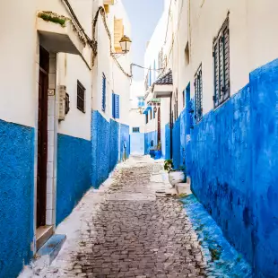 Narrow alley in Rabat Old Medina along a cobblestone pathway, walls painted in a stripe of white and blue, Morocco