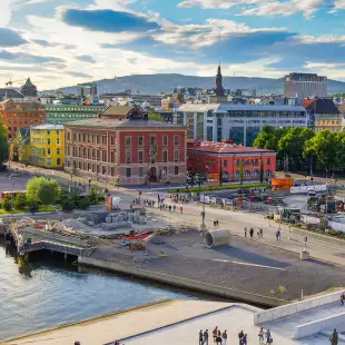 View of Oslo City Hall and harbour in Oslo, Norway