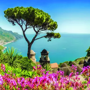 Amalfi Coast from Villa Rufolo gardens in Ravello, Campania, Italy