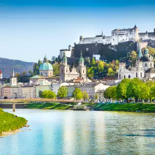 Salzburg skyline with river Salzach in springtime, Austria