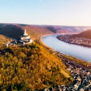 Aerial view of Braubach with the Marksburg castle and the river Rhine in Germany