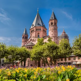 Ancient cathedral in Meinz, Germany surrounded by spring flowers