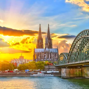 View on Cologne and River Rhine at sunset in Germany