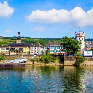 View of Rudesheim am Rhein from across the River Rhine, Germany