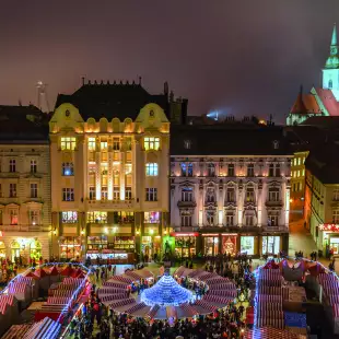 Night-time view of Bratislava Christmas market in Slovakia