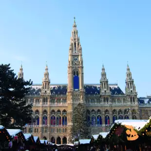 A view of Vienna Town Hall from the Christmas markets stalls, Austria