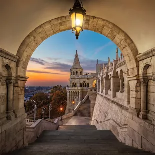 Entrance of Buda district at sunrise with colourful sky in Budapest, Hungary