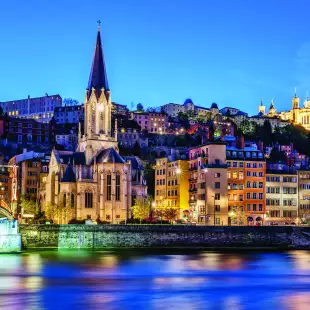 Famous view of Lyon with Saone river at night