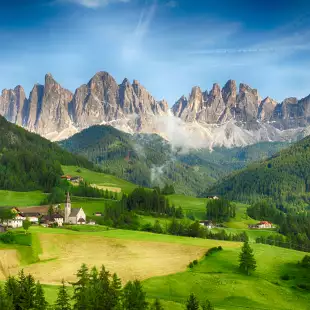 Countryside view of Santa Maddalena in National Park Puez Odle or Geisler summits. Dolomites, South Tyrol. Location Bolzano, Italy, Europe.