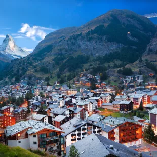 Zermatt village with a view of the peak of the Matterhorn mountain, Swiss Alps