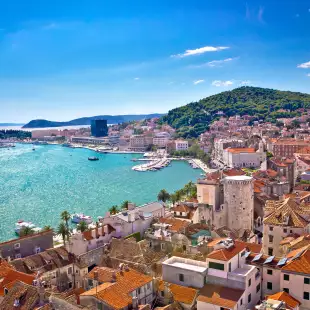 Split waterfront and Marjan hill aerial view, Dalmatia, Croatia