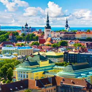 Brightly coloured houses in the European Old Town Tallinn, in Estonia