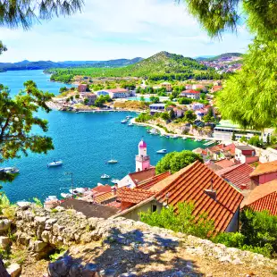 View of Sibenik city with coast and harbour in Dalmatia, Croatia