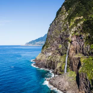 Ocean view of the Veil Of The Bride Waterfall Porto Moniz, Madeira