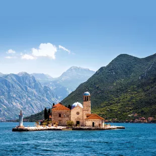 View of man-made island, 'Our Lady of the Rock' in the Bay of Kotor, Montenegro