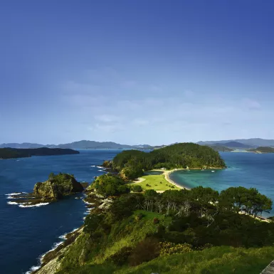 Aerial view of the Bay of Islands and the surrounding sea in New Zealand 