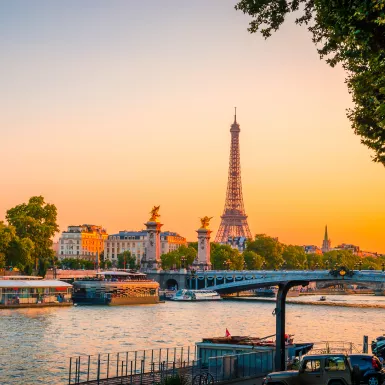 Sunset view of the Eiffel Tower and River Seine in Paris, France