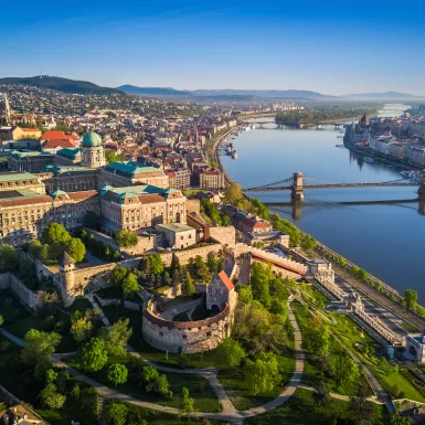 Skyline view of Budapest at sunrise with Szechenyi Chain Bridge over the Danube river in Hungary