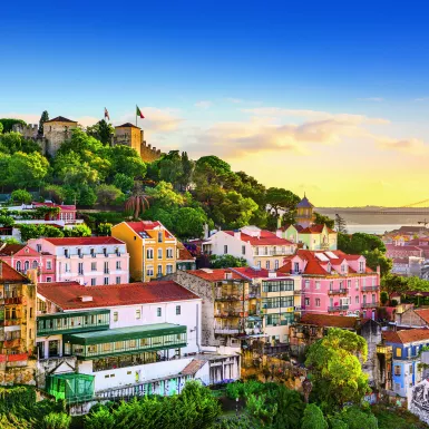 Old town cityscape skyline at dusk in Lisbon, Portugal