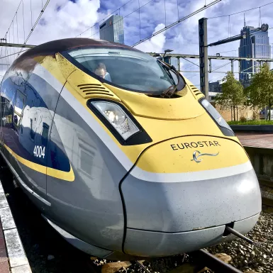 Exterior front shot of the nose of the Eurostar train