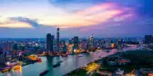 Aerial view of Ho Chi Minh City skyline at sunset in Saigon, Vietnam