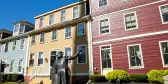 Colourful buildings and statue in Charlottetown, Canada