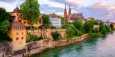 The Old Town of Basel with red stone Munster cathedral and the Rhine river, Switzerland