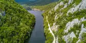 Danube Gorges with lush vegetation near Iron Gates in Romania