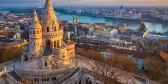 Aerial view of Fishermans Bastion and Budapest with Parliament building and River Danube in Hungary