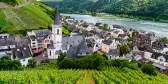 Church, houses and vineyards with the Rhein river in Assmanshausen, Germany