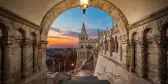 Entrance of Buda district at sunrise with colourful sky in Budapest, Hungary