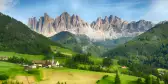 Countryside view of Santa Maddalena in National Park Puez Odle or Geisler summits. Dolomites, South Tyrol. Location Bolzano, Italy, Europe.