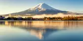 Mount Fuji and its reflection in lake on a bright day in Japan