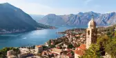 Bay view of the Montenegrin town Kotor and the belltower of Church of Our Lady of Remedy