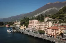 Exterior of hotel Bazzoni overlooking Lake Como in Tremezzo, Italy