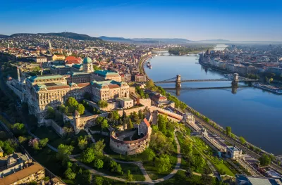 Skyline view of Budapest at sunrise with Szechenyi Chain Bridge over the Danube river in Hungary