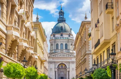 Downtown Budapest Hungary with St Stephens Basilica on a sunny day.