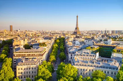 Aerial view of Paris cityscape with the Eiffel Tower in France