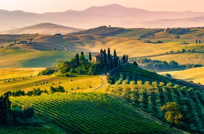  A lonely farmhouse with rolling hills, cypress and olive trees in Tuscany, Italy.