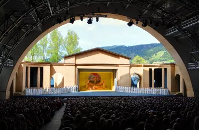 The Passion Play theatre in Oberammergau, Germany. Full audience facing towards the stage.