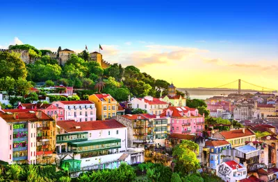 Old town cityscape skyline at dusk in Lisbon, Portugal