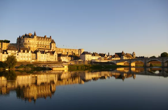 Amboise castle reflected in the water at dusk, France