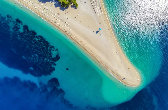 Birds-eye view of Golden Horn Beach and the clear waters of Croatia